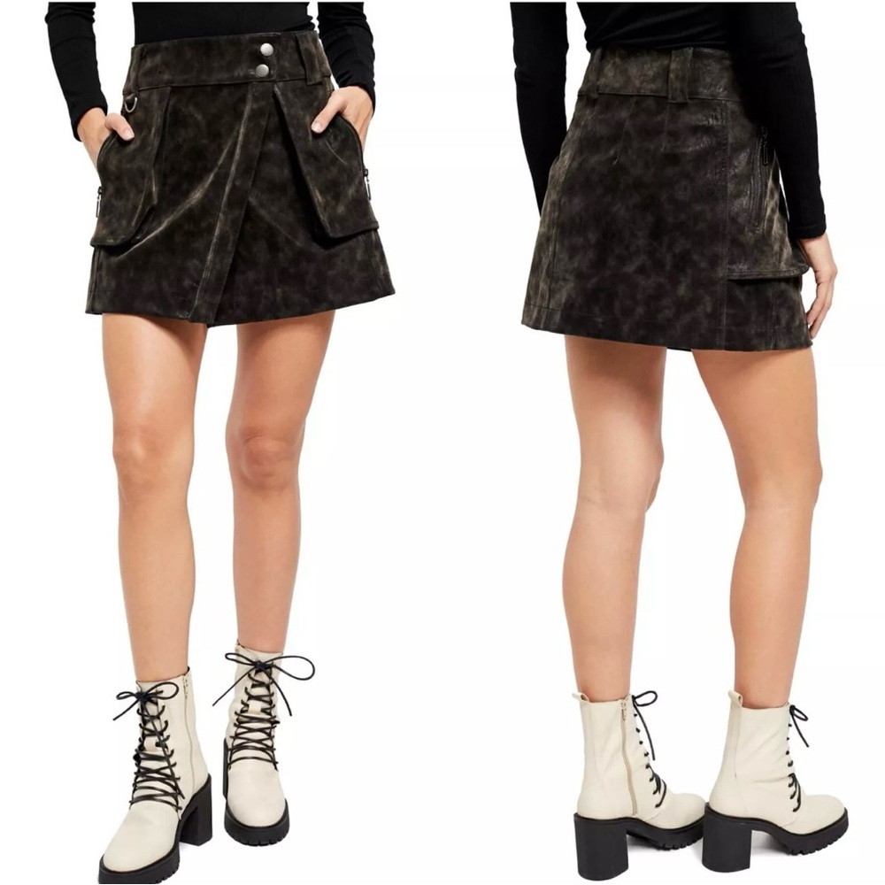 Free People Black Distressed Carson Faux Leather Utility Mini Skirt Size 4